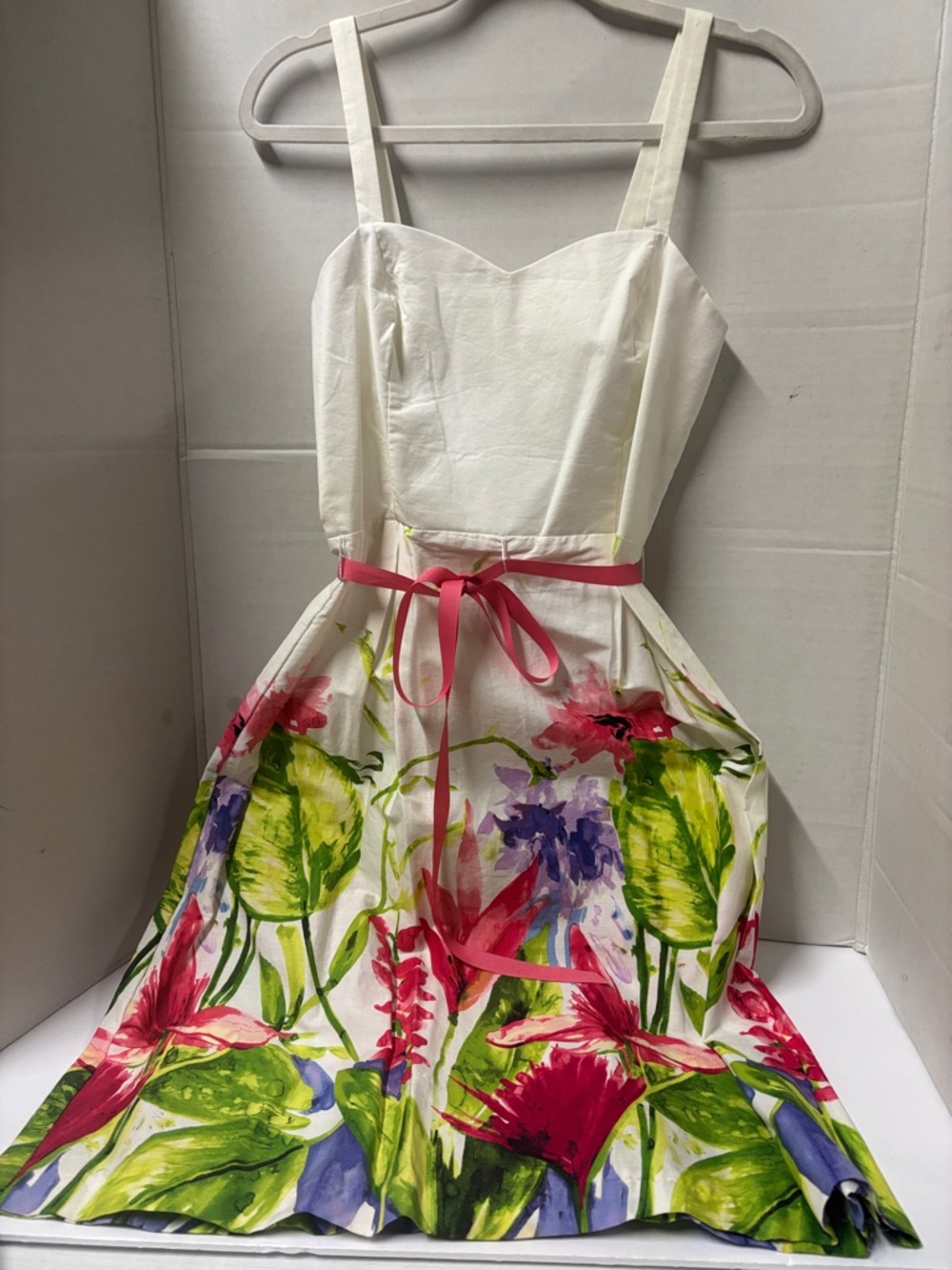 White Floral A-Line Sundress with Pink Waist Tie